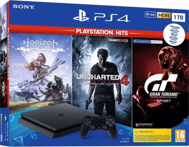 PlayStation 4 Slim Jet Black 1TB +Horizon Zero Dawn Complete Edition + Uncharted 4 + Gran Turismo Sport - PlayStation 4 Gépek